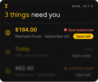 Westvale Power’s September bill in Hyplr’s panel, due tomorrow, beside the bill’s PDF: invoice no. 4471, $184.00.